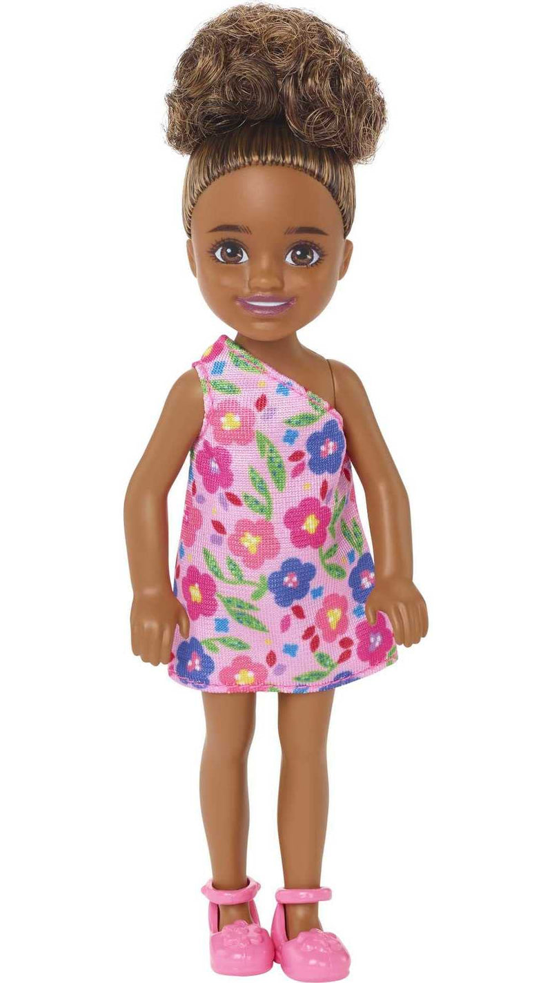 Barbie Chelsea Doll (Brunette Curly Hair) Wearing One-Shoulder Flower-Print Dress and Pink Shoes,