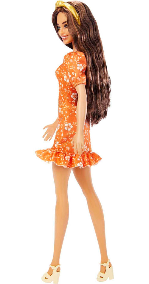 Barbie Fashionistas Doll, Long Wavy Brunette Hair, Headband, Orange Floral Print Dress with Ruffle Details & Heels