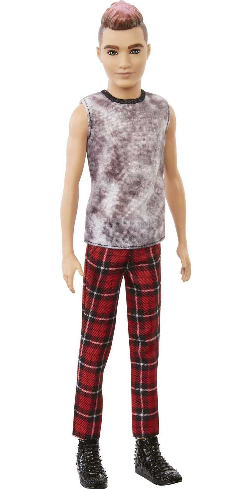 Barbie Ken Fashionistas Doll #176 with Sculpted Brunette Ombre-Tipped Hair Wearing a Sleeveless Tie-dye Shirt, Red Plaid Pants & Black Boots