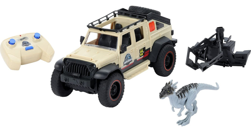 Matchbox Jurassic World Dominion Jeep Gladiator RC Vehicle with 6-inch Dracorex Dinosaur Figure, Remote-Control Car with Removable Auto-Capture Claw