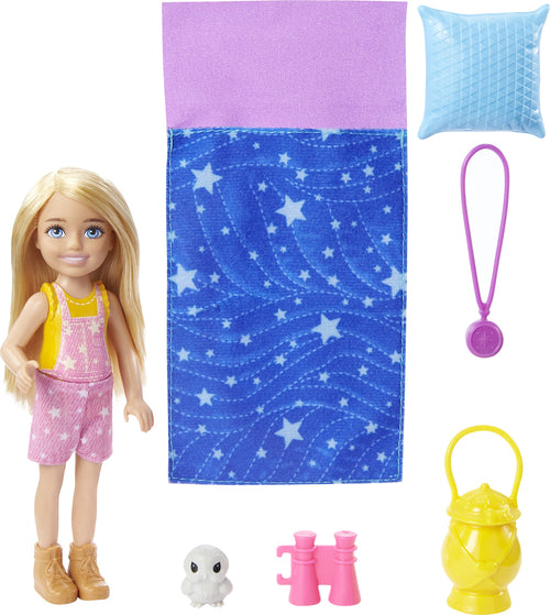 Barbie It Takes Two Camping Playset with Chelsea Doll (6 in, Blonde), Pet Owl, Sleeping Bag, Binoculars & Camping Accessories