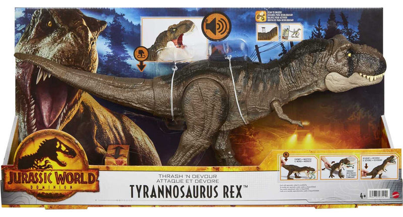 Jurassic World Dominion Dinosaur T Rex Toy, Thrash ‘N Devour Tyrannosaurus Rex Action Figure with Sound and Motion