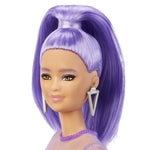 Barbie Fashionistas Doll, Petite, Long Purple Hair & Purple Metallic Dress, Sheer Bodice & Sleeves, Purple Sneakers