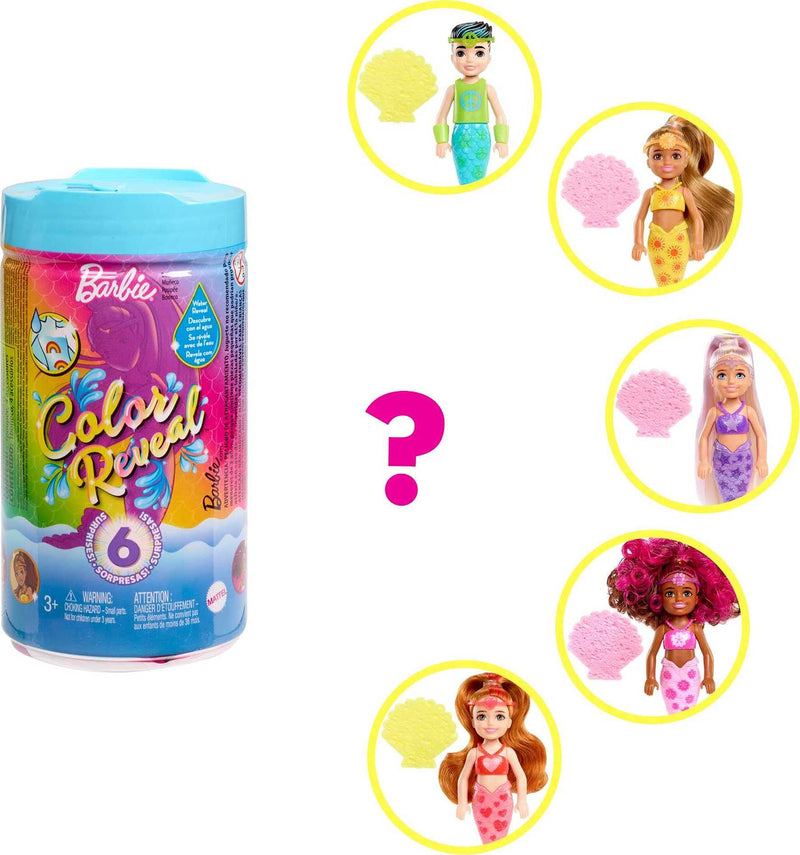  Barbie Chelsea Color Reveal Doll with 6 Surprises: 4 Bags  Contain Skirt or Pants, Shoes, Tiara & Balloon Accessory; Water Reveals  Confetti-Print Doll's Look & Color Change on Hair; Gift for