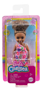 Barbie Chelsea Doll (Brunette Curly Hair) Wearing One-Shoulder Flower-Print Dress and Pink Shoes,