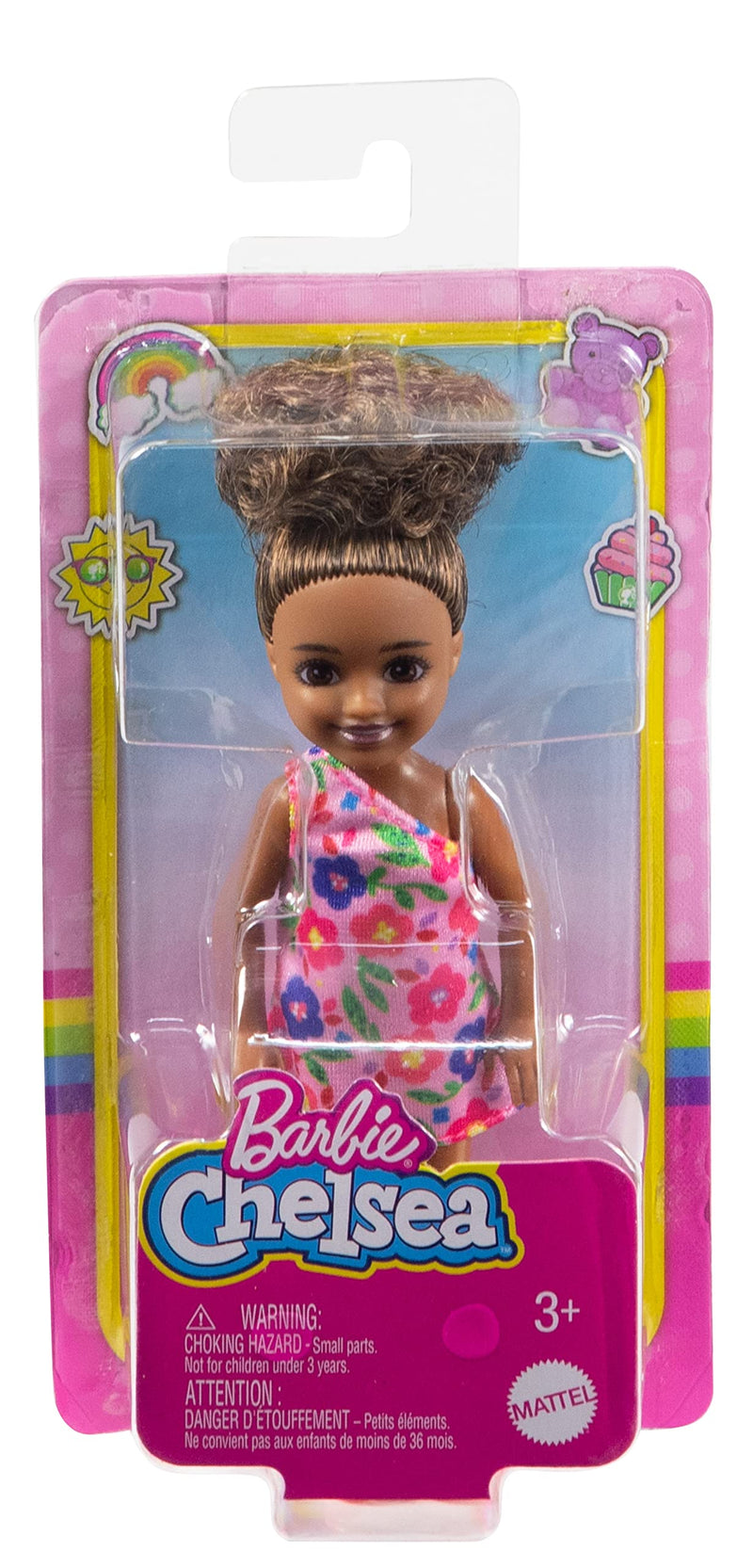 Barbie Chelsea Doll (Brunette Curly Hair) Wearing One-Shoulder Flower-Print Dress and Pink Shoes,