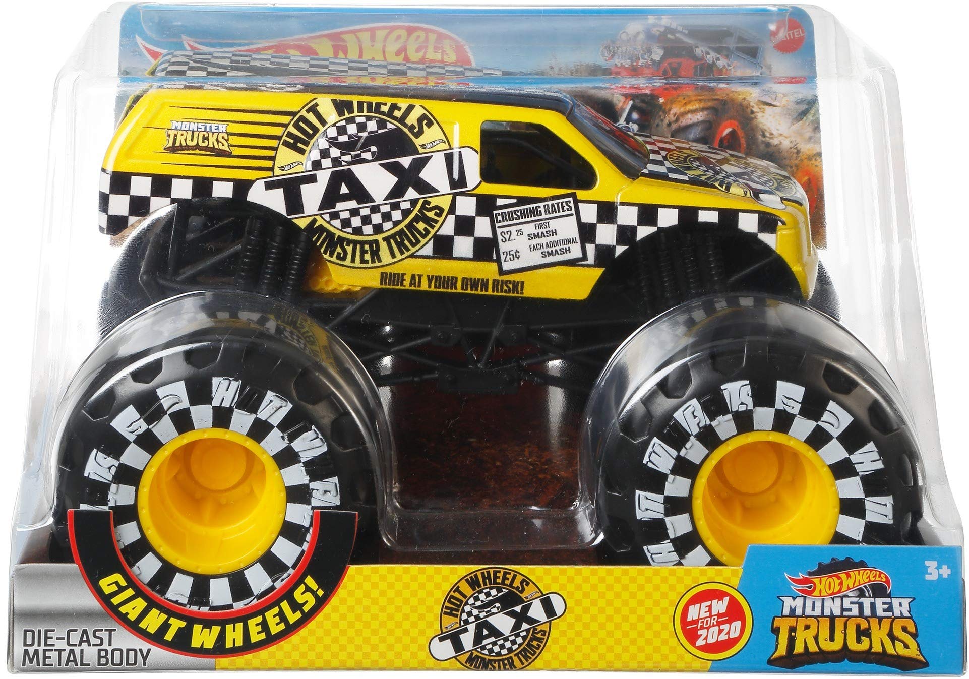 Hot Wheels Monster Trucks Veículo de Brinquedo Taxi Die Cast Blind Sided  Taxi Crushed