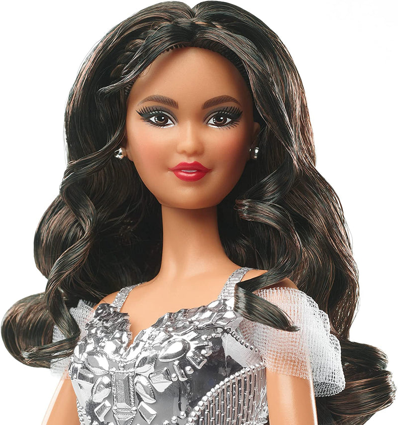 Barbie Signature 2021 Holiday Barbie Doll 12-inch Brunette Curly Hair In Silver Gown