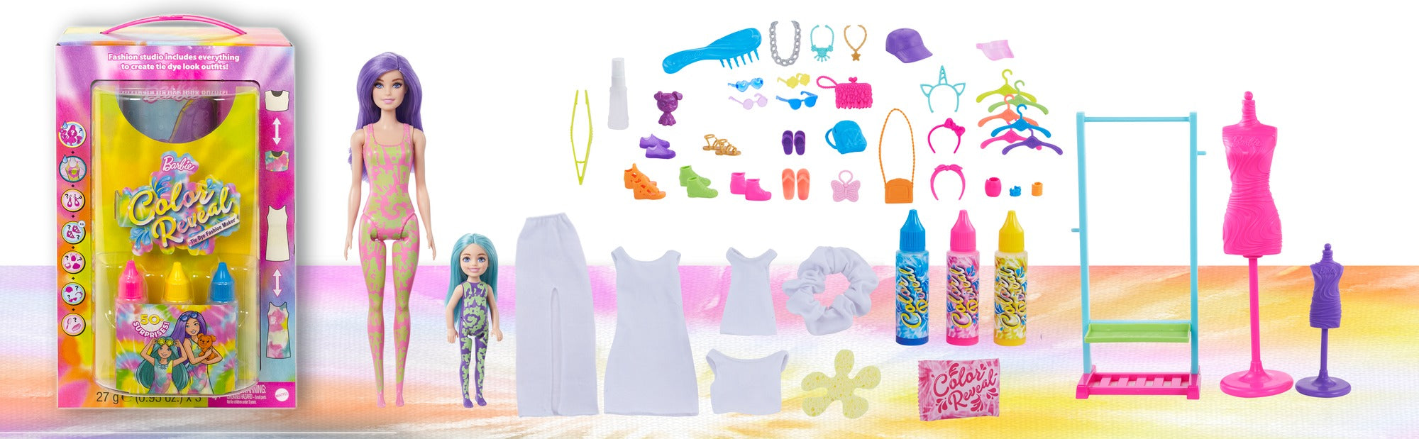 Barbie Color Reveal Neon Tie-Dye Fashion Doll with Accessories & Color  Change (Styles May Vary)